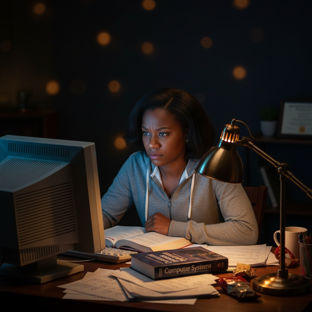 Young adult studying computer systems, representing her B.S. in Computer Information Systems from Strayer University.
