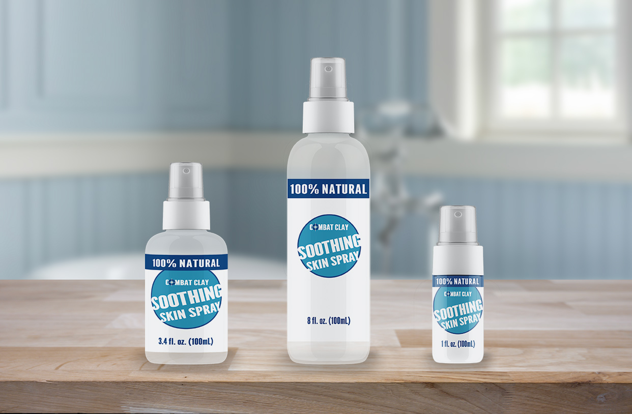 Combat Clay Soothing Skin Spray — 1 fl oz, 3.4 fl oz, and 8 fl oz bottles shown side by side for size comparison