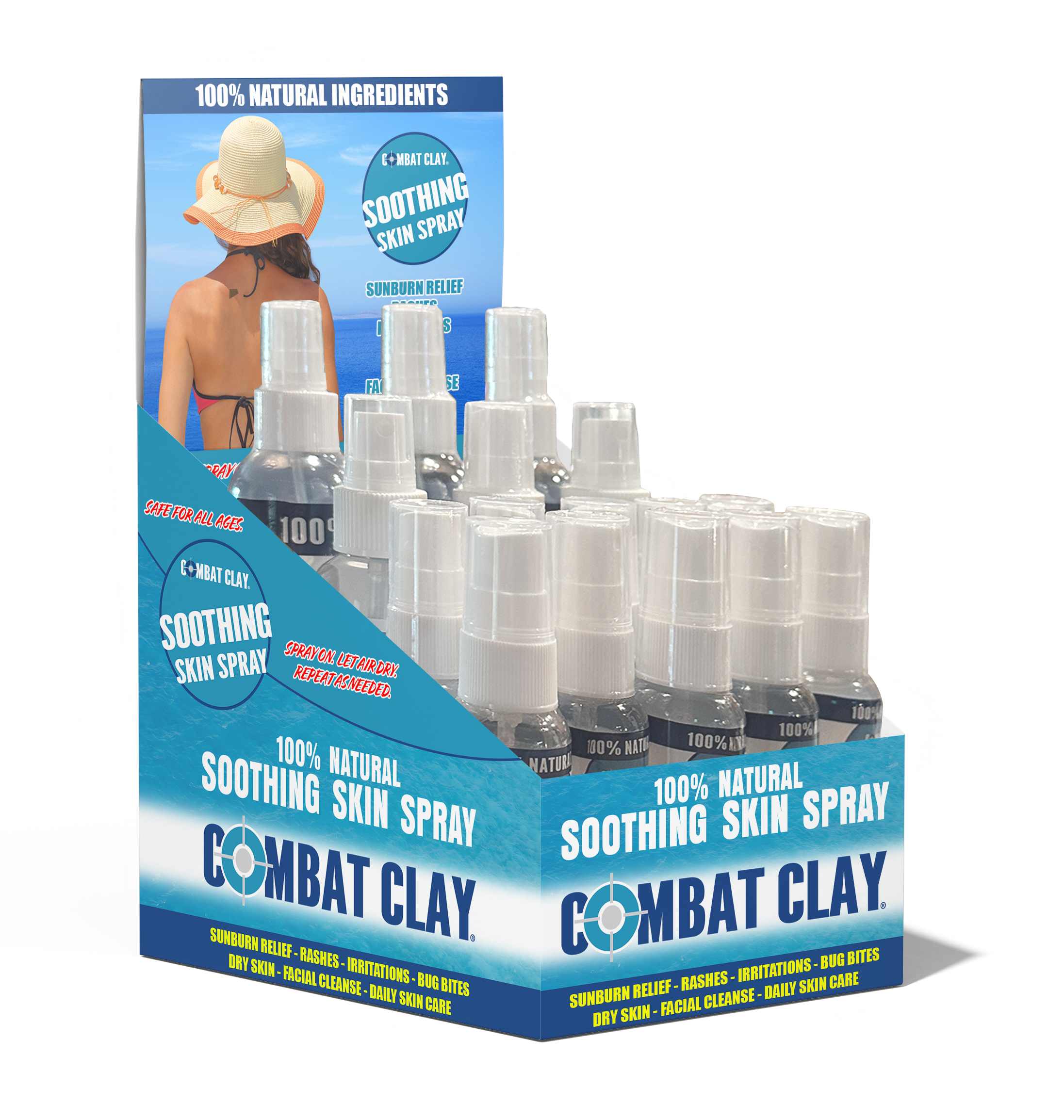 Combat Clay Soothing Skin Spray retail countertop display box filled with 1 fl oz natural clay product bottles