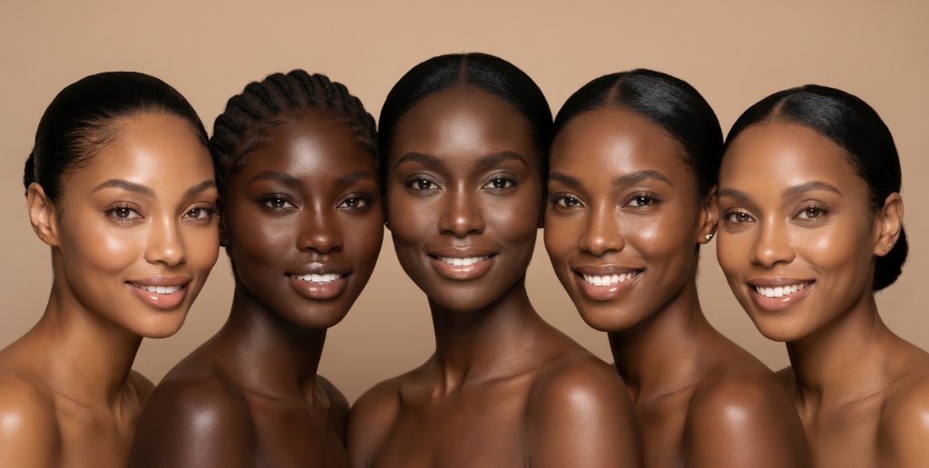5 dark-skinned women with glowing bare skin, warm and joyful energy