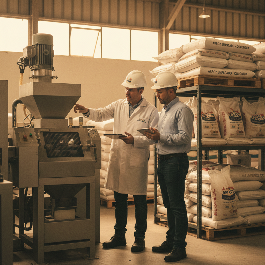 Técnicos recorriendo planta de procesamiento de arroz