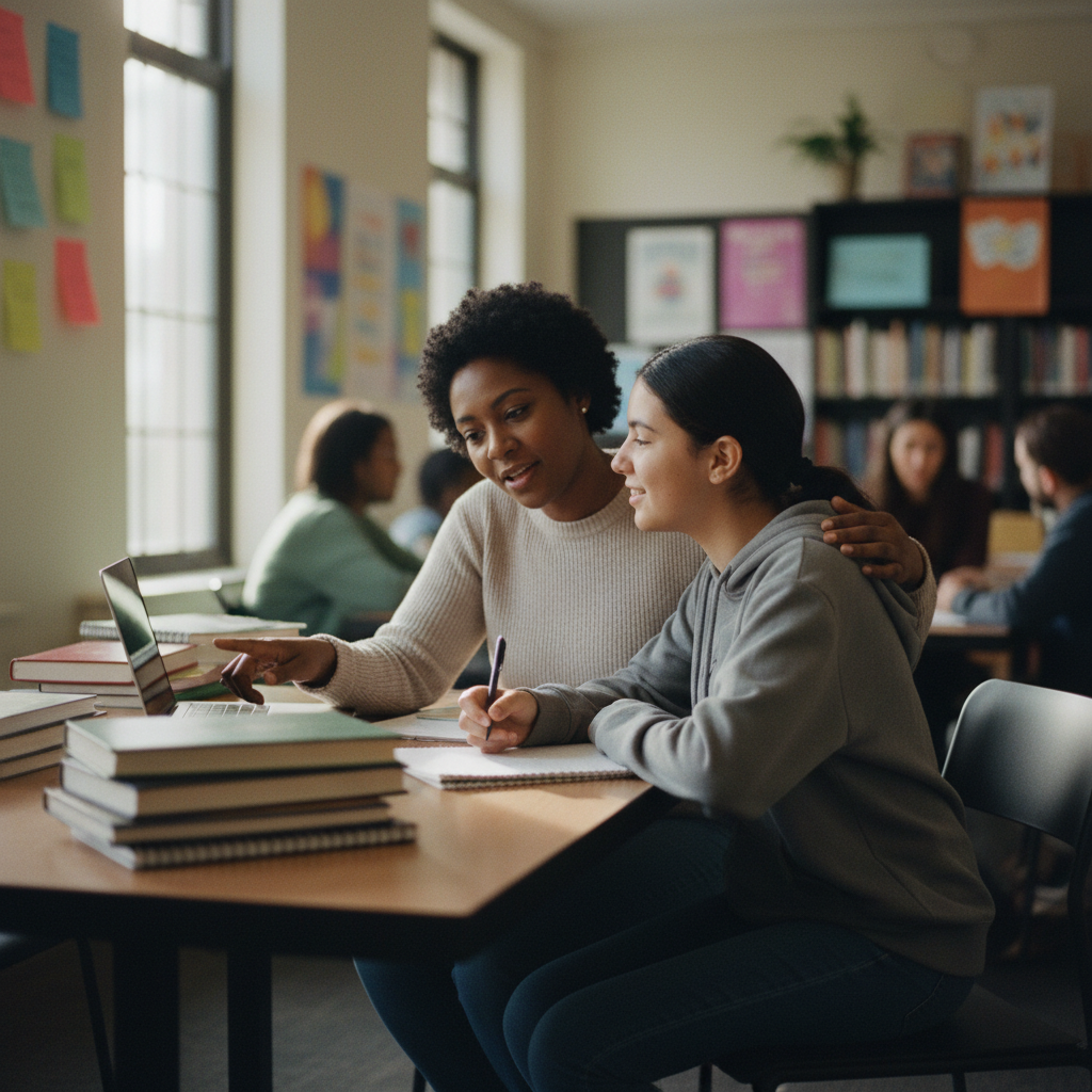 An adult African American woman mentor warmly encouraging a Hispanic teenage girl at a coffee shop table, representing mentorship at HerStory