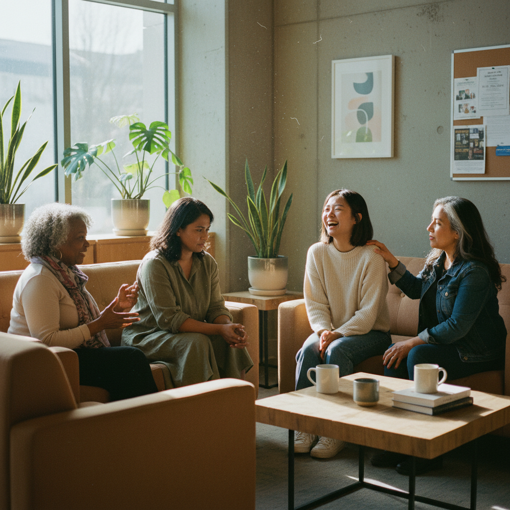 Four diverse women of different generations having meaningful conversation on couches in a modern community center lounge, representing multigenerational connection at HerStory