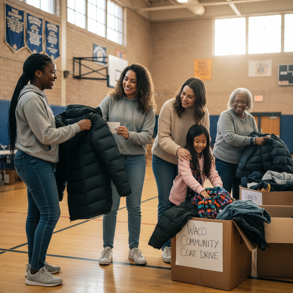 Four generations of diverse women and girls volunteering together at a Waco community coat drive