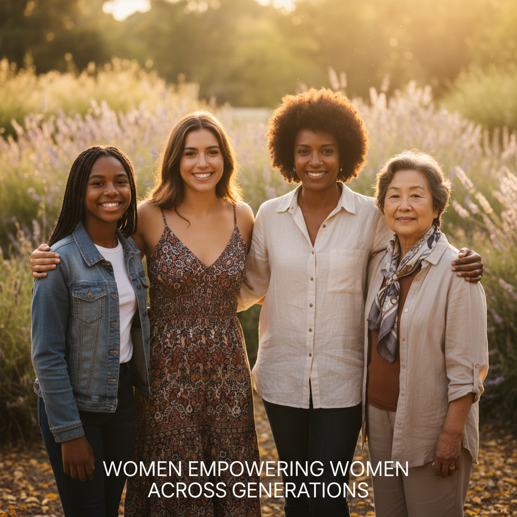 Four generations of diverse women — a Black teen girl, Hispanic young woman, African American adult woman, and Asian senior woman — standing together in friendship and mentorship during golden hour, representing HerStory's multigenerational sisterhood in Waco and Central Texas