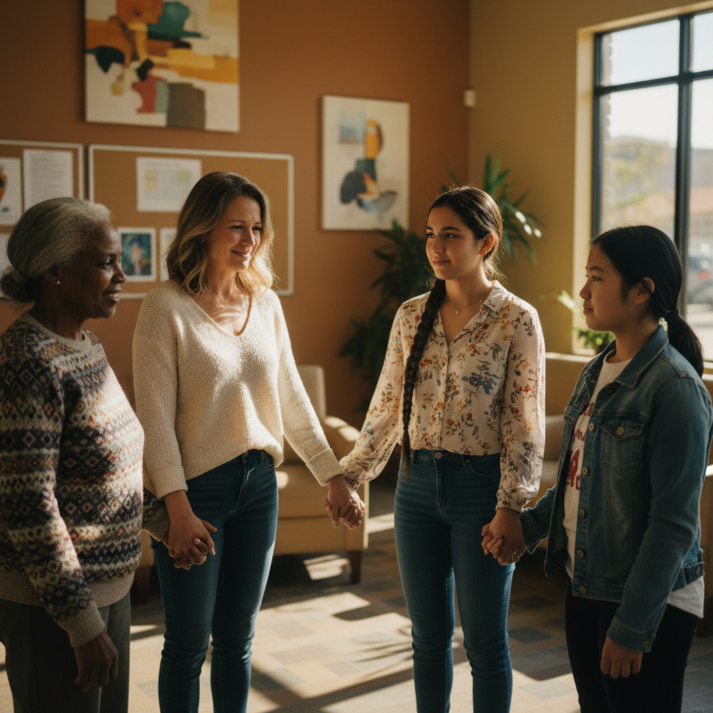 Multigenerational diverse women — African American senior, Caucasian adult, Hispanic young woman, and Asian teen — supporting one another in a bright community center gathering space at HerStory