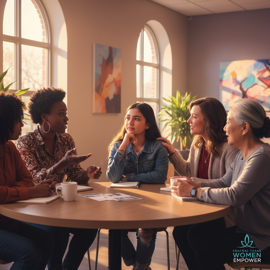 Diverse multigenerational women and girls from Central Texas mentoring and encouraging one another at a community event