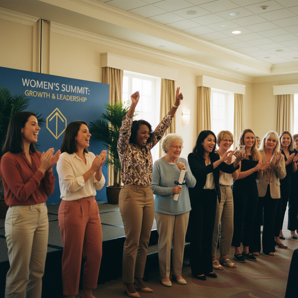 Diverse multigenerational women celebrating growth and achievement together, clapping and cheering with certificates at a community leadership recognition event at HerStory