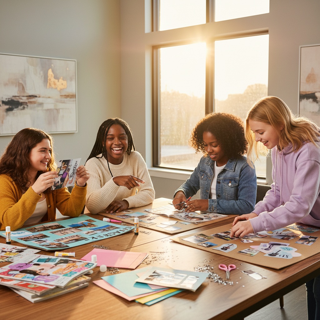 Diverse teen girls collaborating on a vision board workshop, supporting one another with confidence and friendship