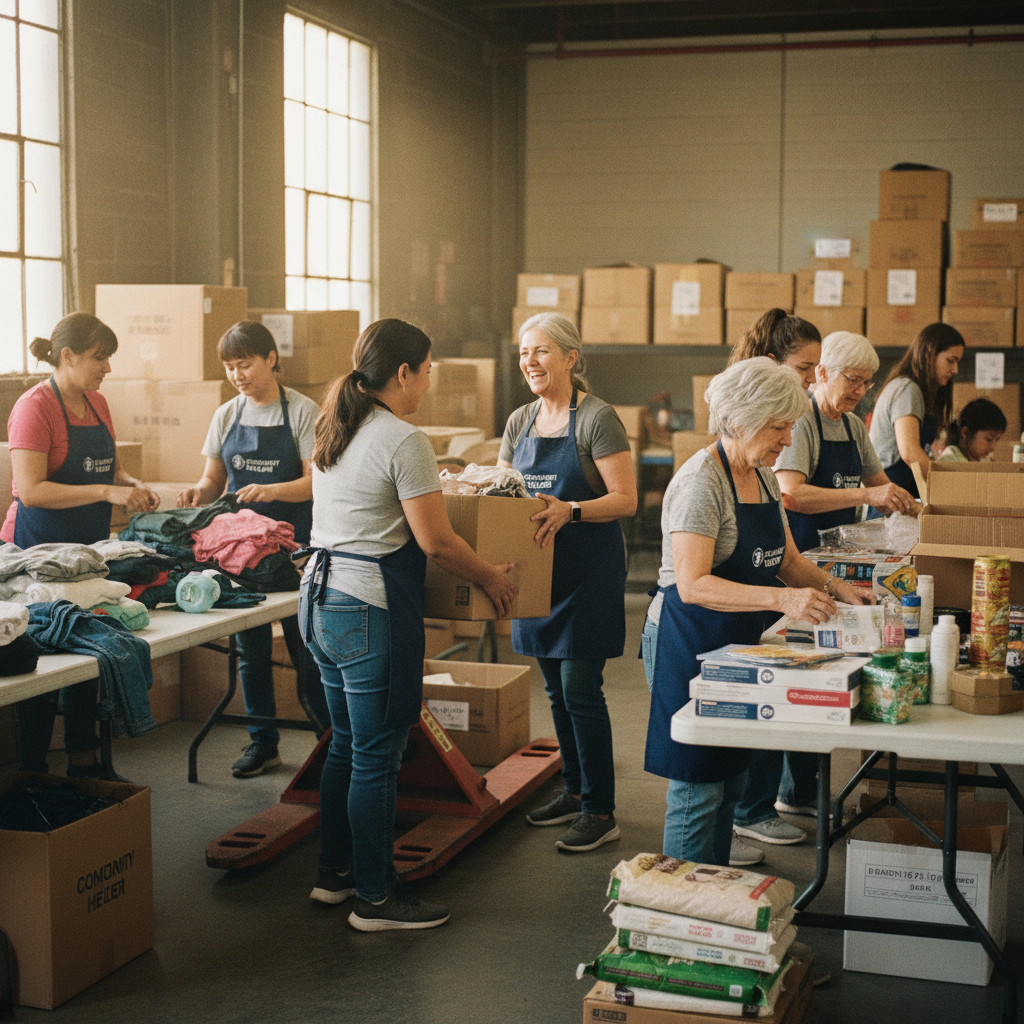 Diverse multigenerational women volunteering together, packing donation boxes and sorting supplies at a community outreach event, representing service at HerStory