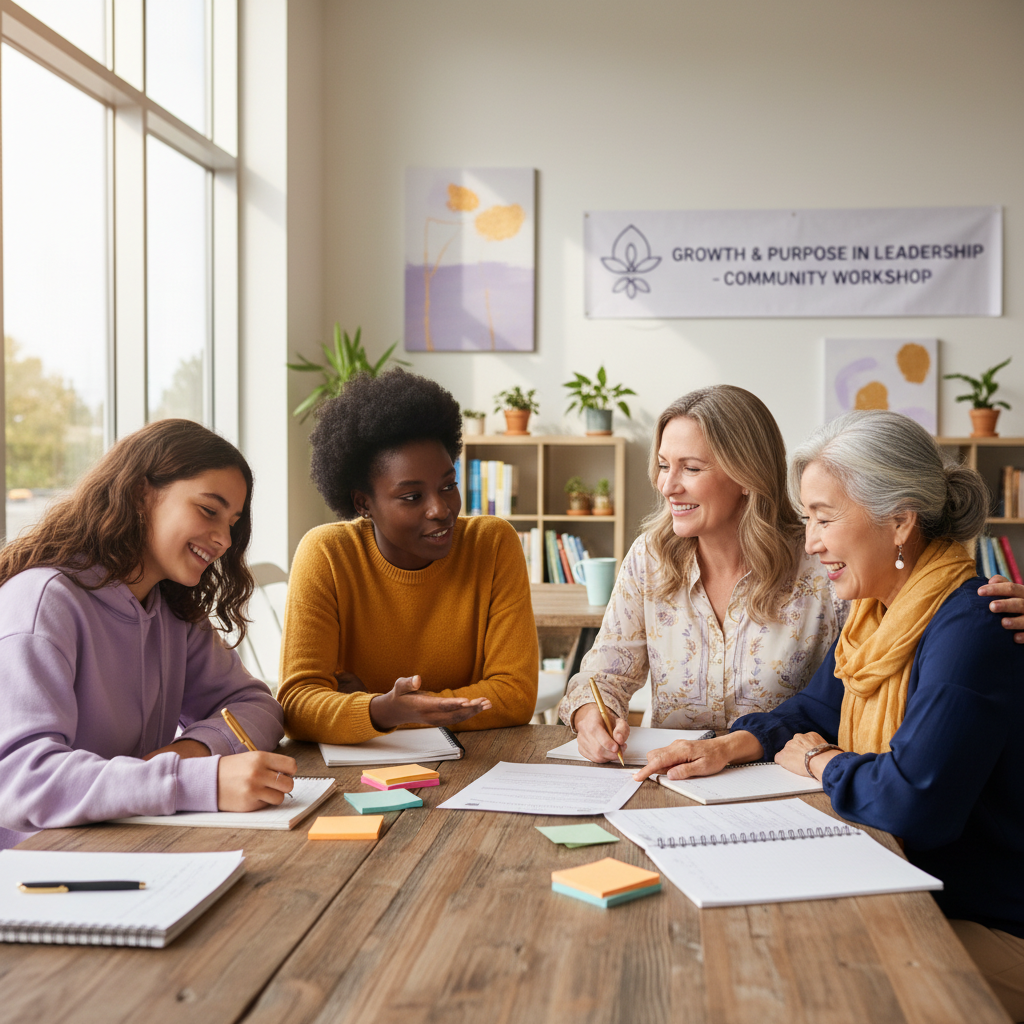 Four women of different generations and ethnicities — a Hispanic teen, Black young woman, White adult woman, and Asian senior — seated around a table in a leadership workshop, journaling and sharing ideas, representing growth, mentorship, leadership, and purpose at HerStory