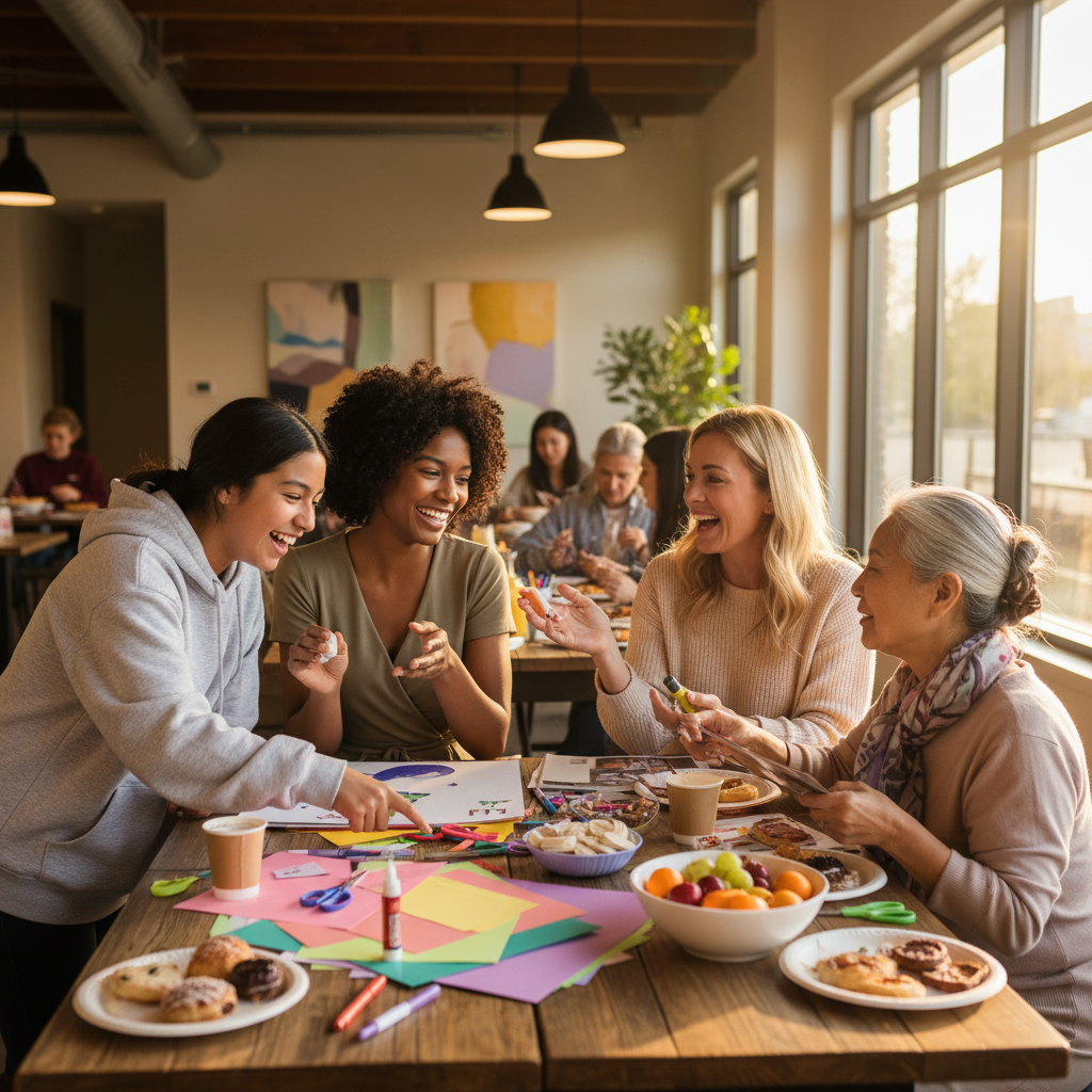 Multigenerational women and girls of different ethnicities connecting at a community workshop