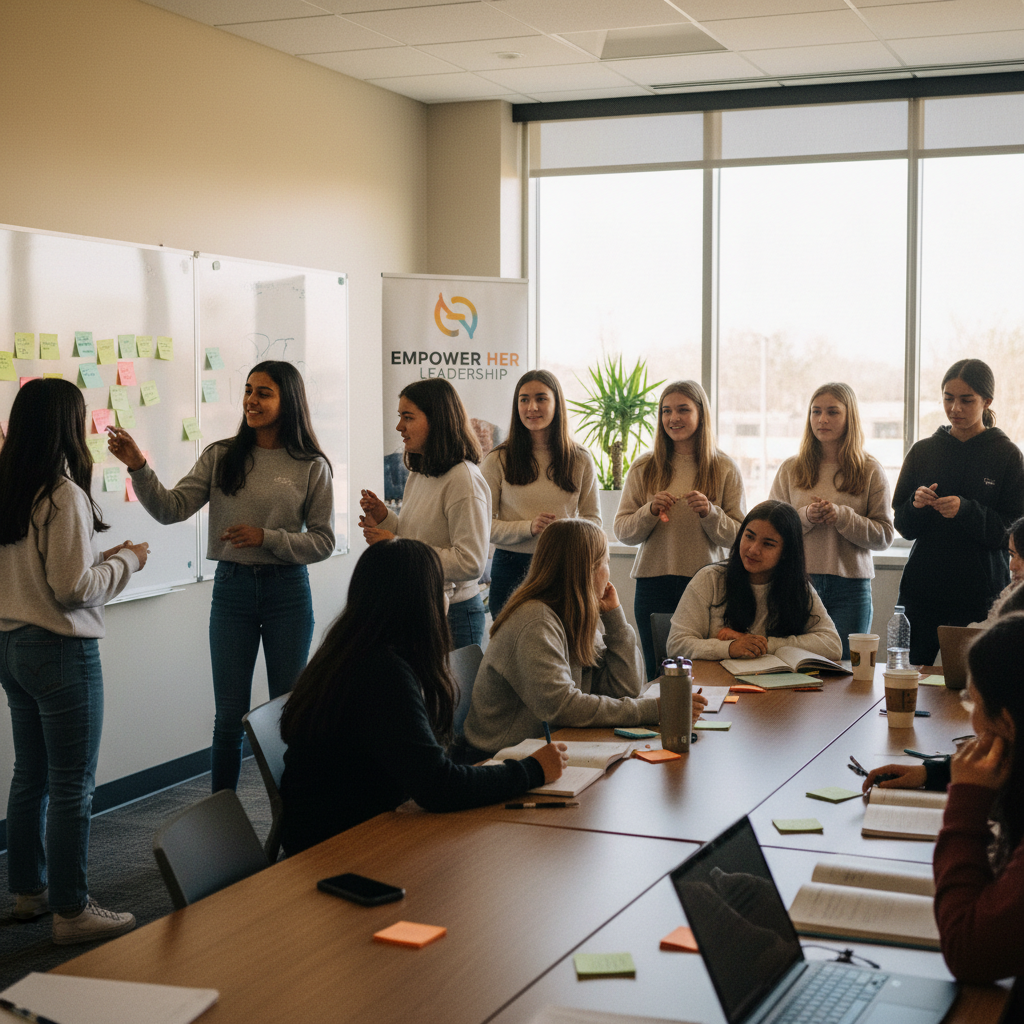 Diverse teen girls of different ethnicities collaborating and learning together at a leadership workshop in a modern community classroom at HerStory in Waco, Central Texas