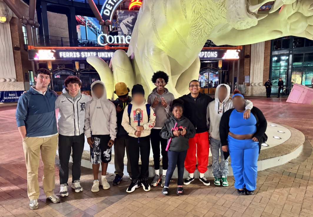 Group photo at Comerica Park tiger statue