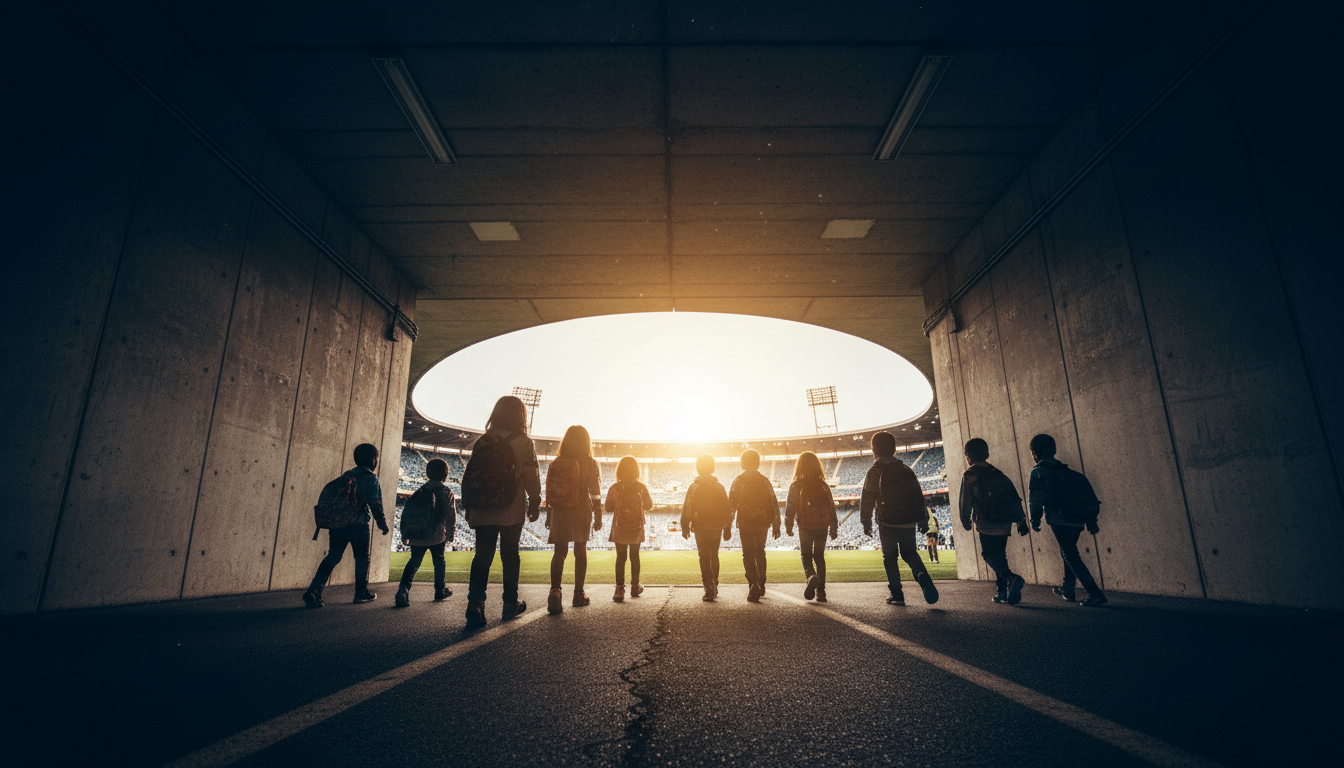 Children walking through stadium tunnel