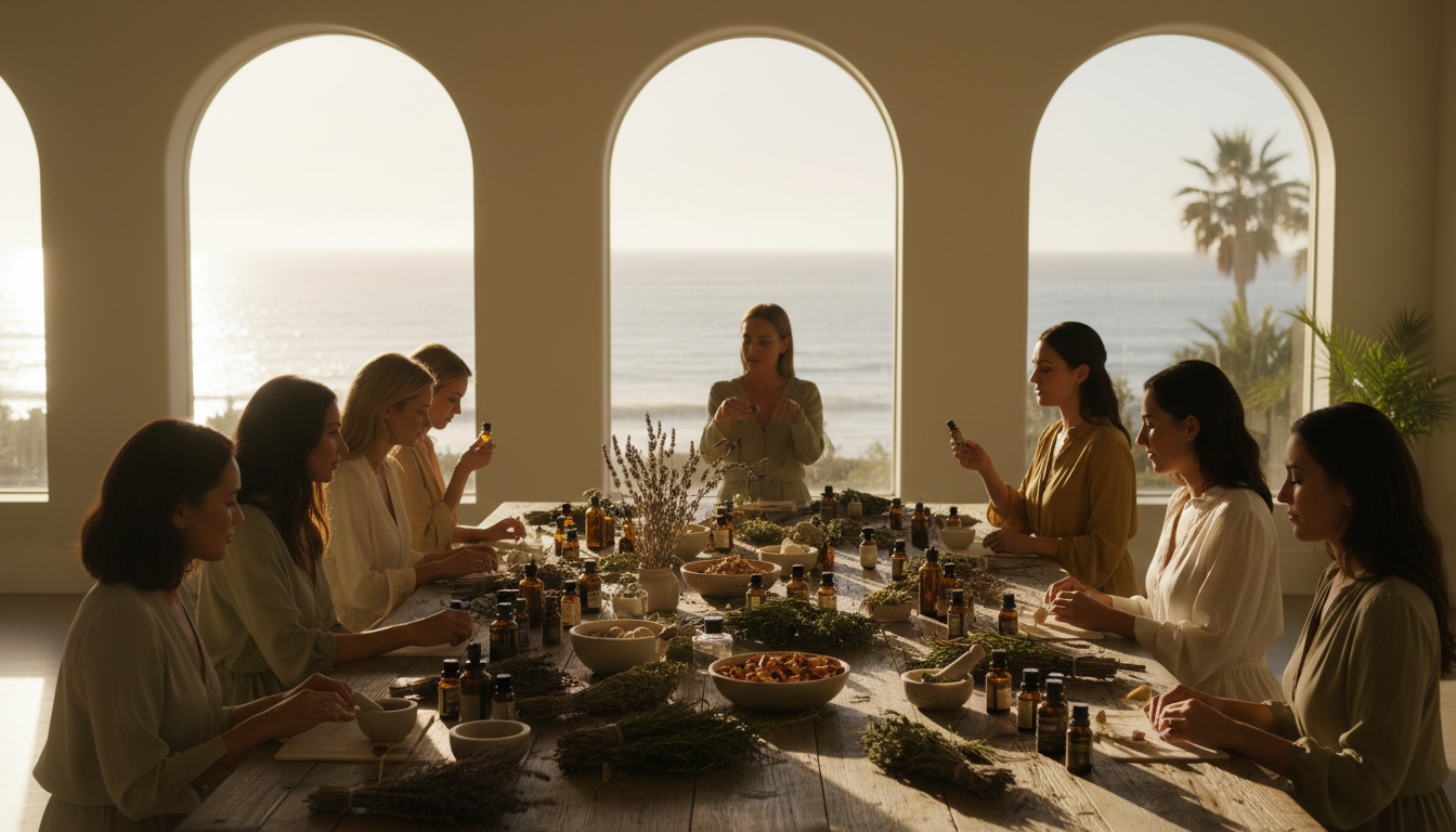 Yoga Aroma wellness workshop in a bright Santa Barbara studio with botanical materials