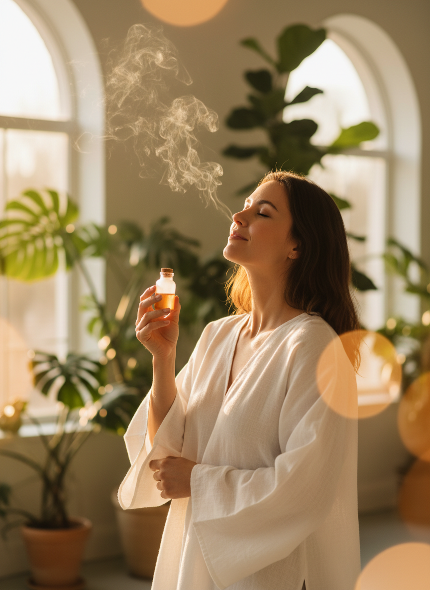 Woman experiencing the moment of sensory discovery while inhaling a custom essential oil blend