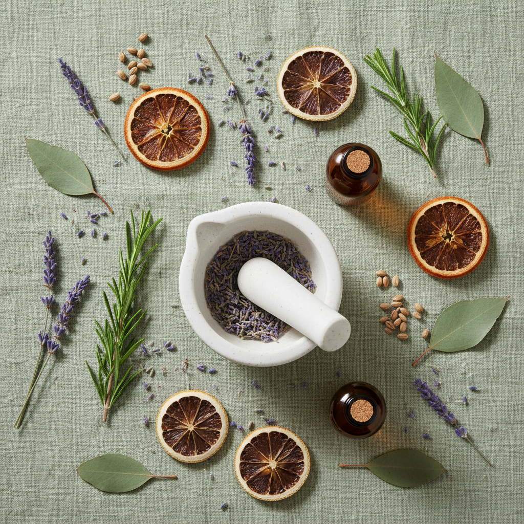 Botanical raw materials including lavender, citrus, and amber glass bottles