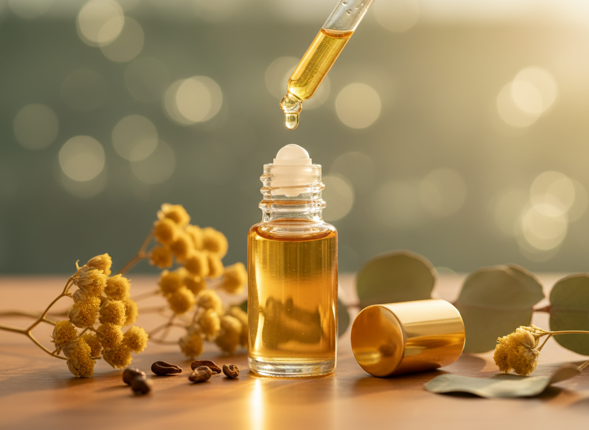 Golden essential oil being dropped from a glass pipette into an elegant roller-ball bottle