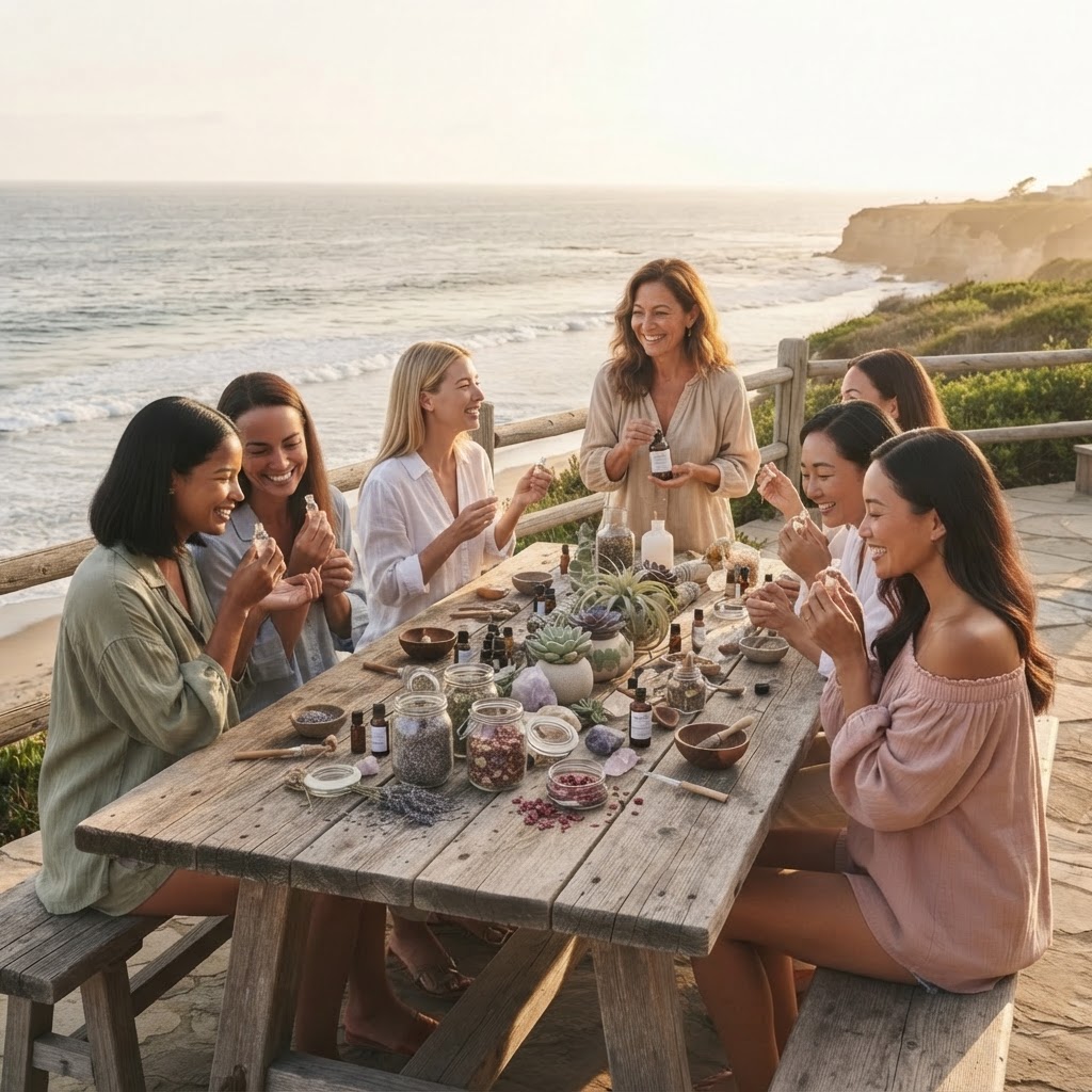 Oceanside aromatherapy workshop with women in casual clothing