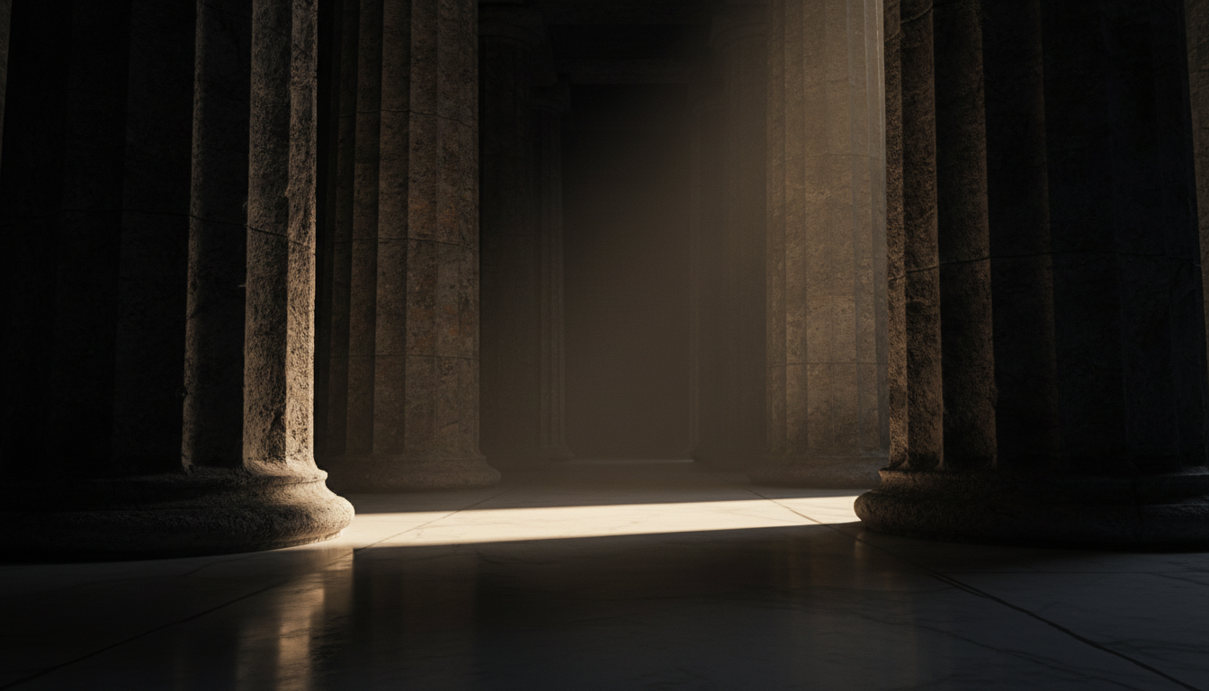 Neoclassical marble hallway with dramatic chiaroscuro lighting