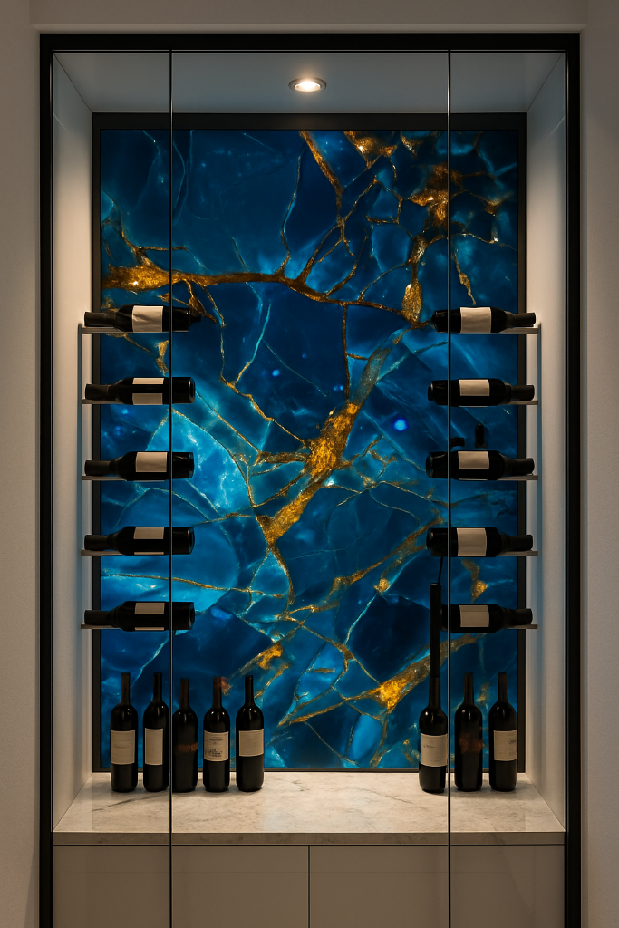 Backlit blue stone design on glass used as a wine display wall