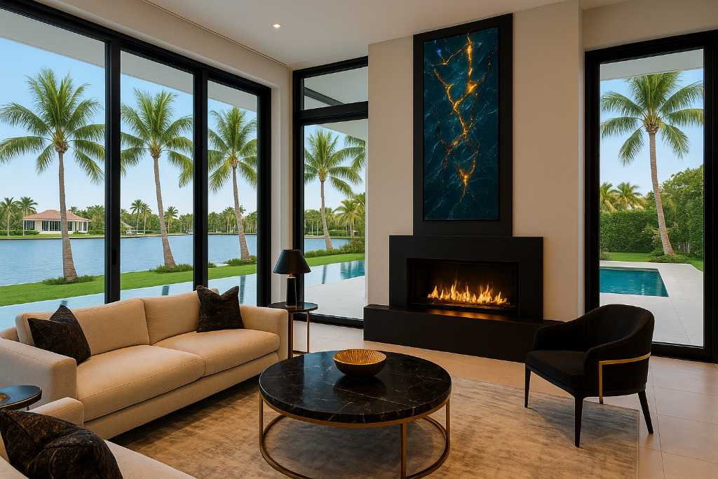 Dark teal stone-inspired illuminated glass fireplace feature