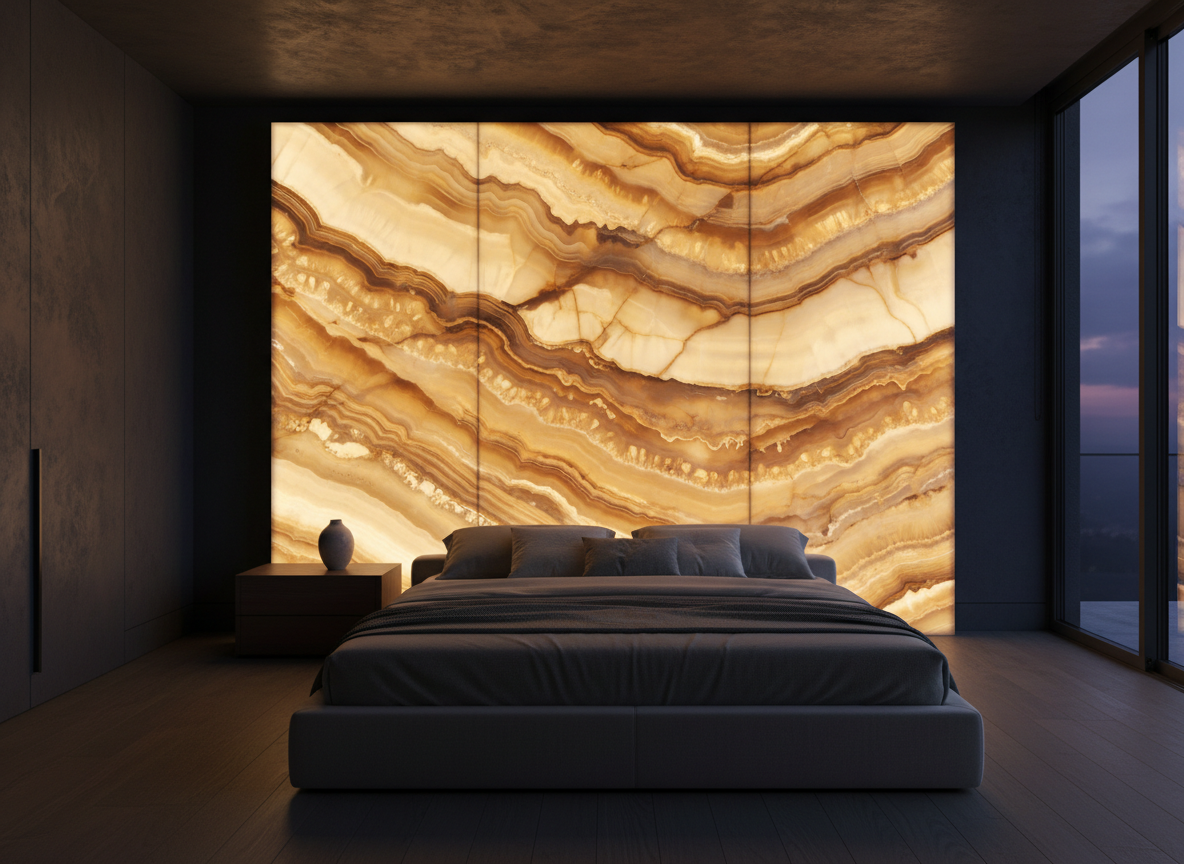 Backlit stone accent wall in luxury residential bedroom
