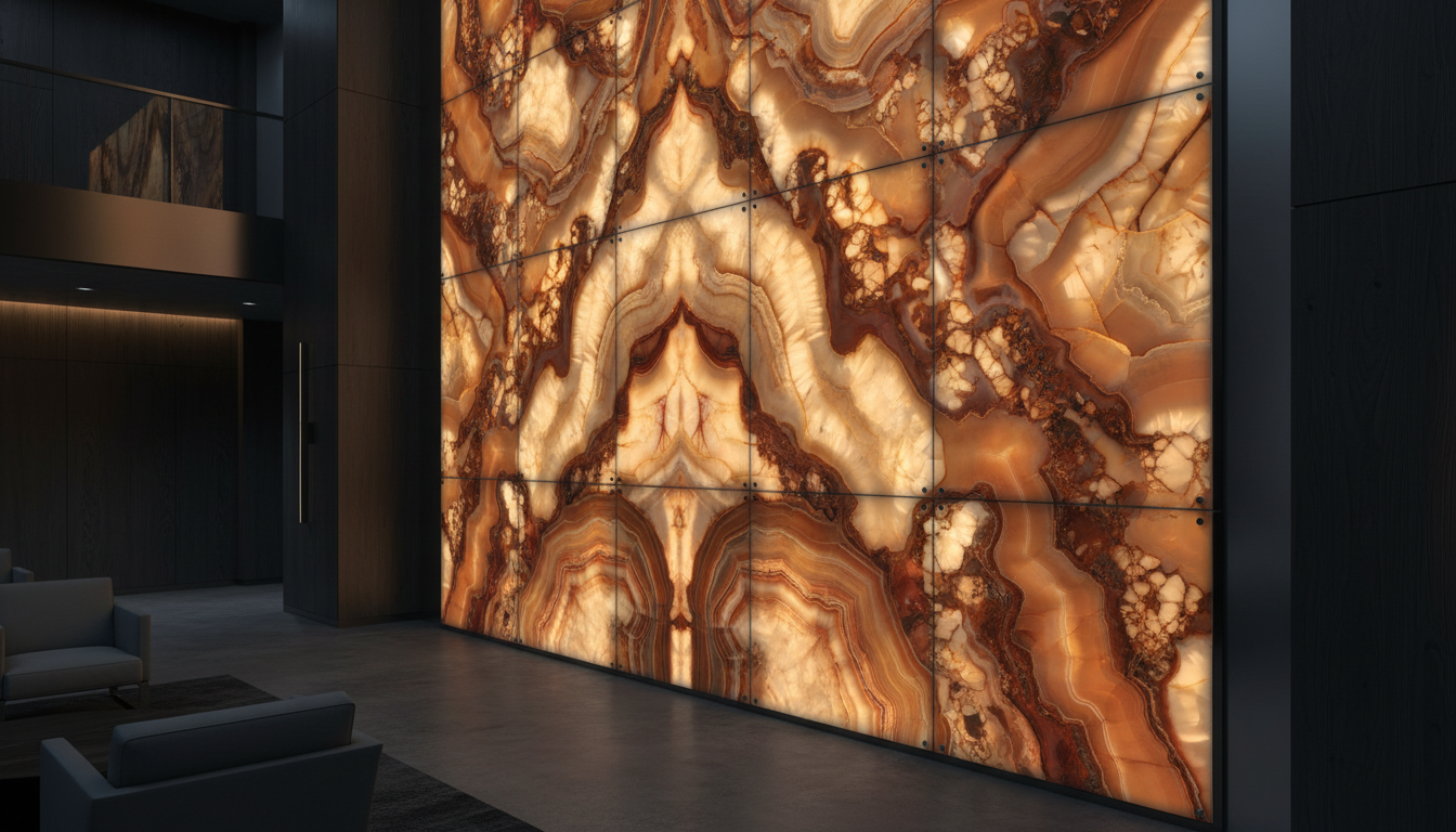 Stone-inspired glass feature wall preview in a luxury interior