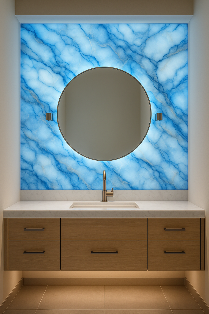 Illuminated blue stone-inspired design on glass in a luxury interior