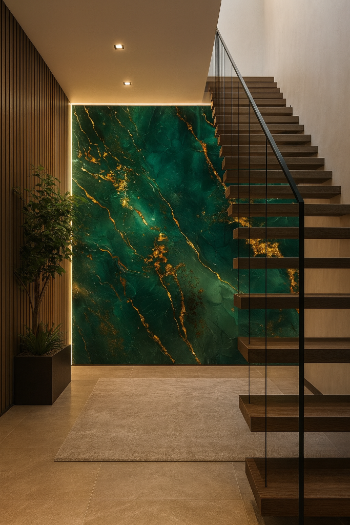 Green stone-inspired glass feature wall beside a staircase