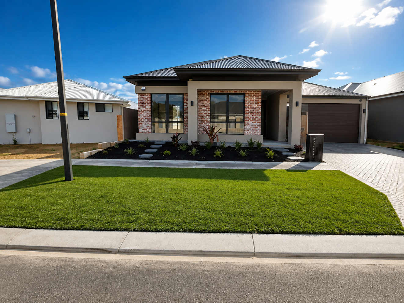 Fresh front lawn with stone stepping path and paved driveway