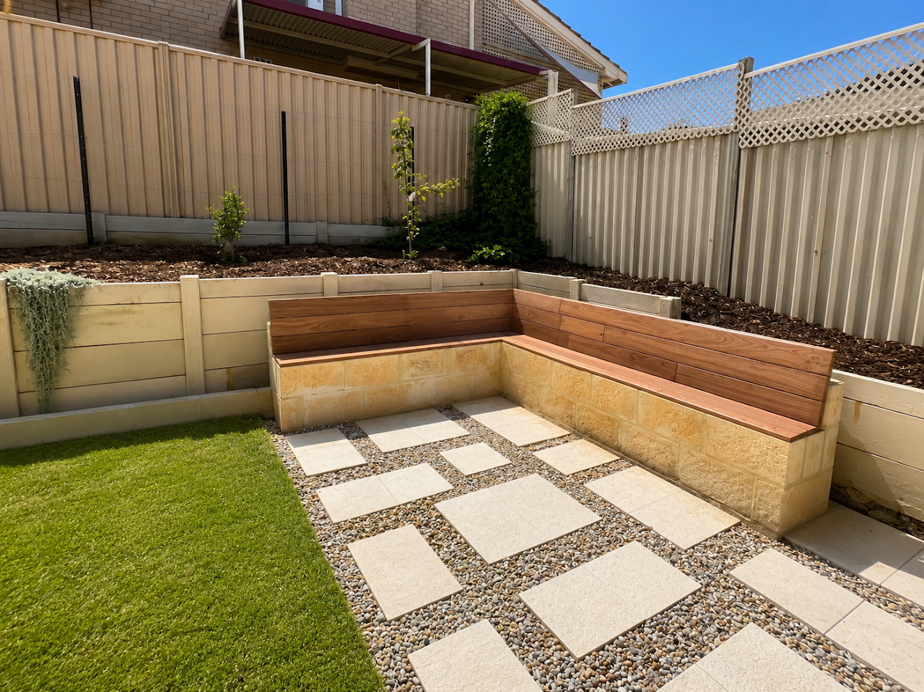 Limestone and timber garden bench with retaining walls