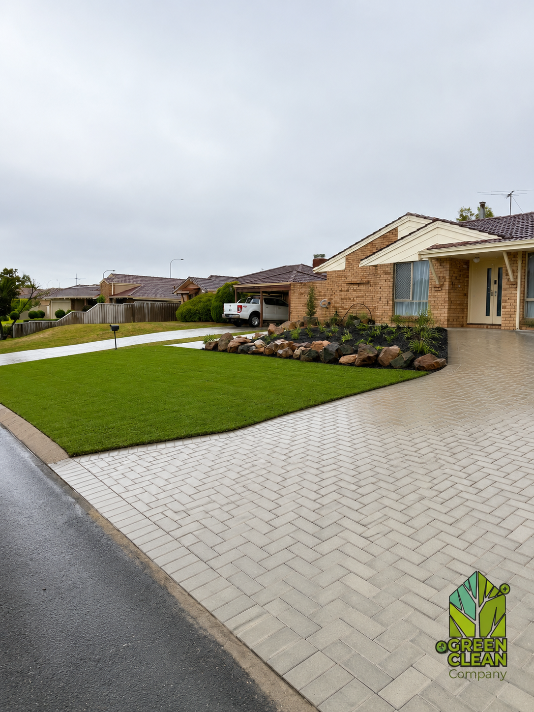 Turf installation with river rock garden bed and paver driveway