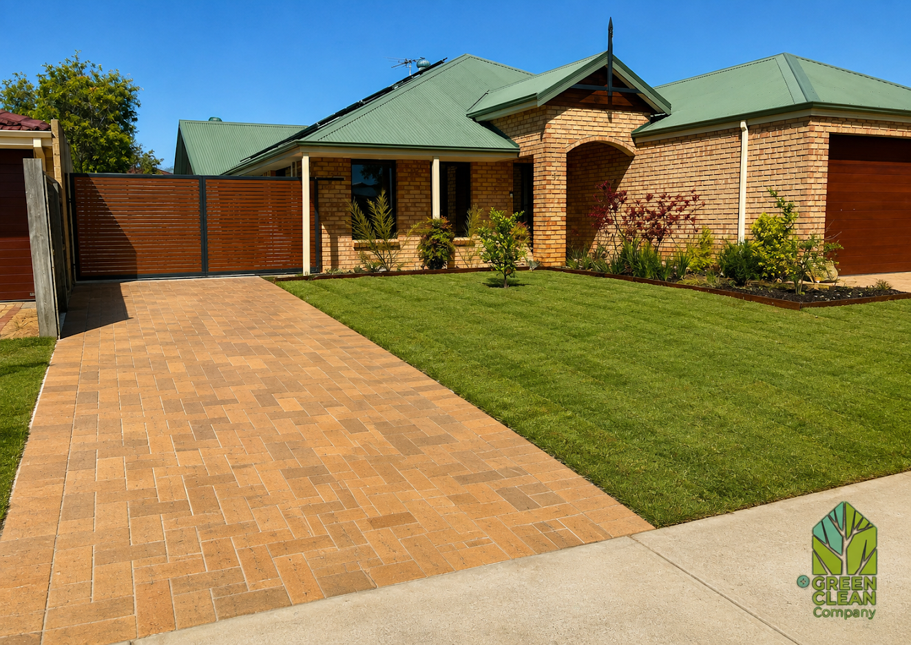 New lawn and herringbone paver driveway