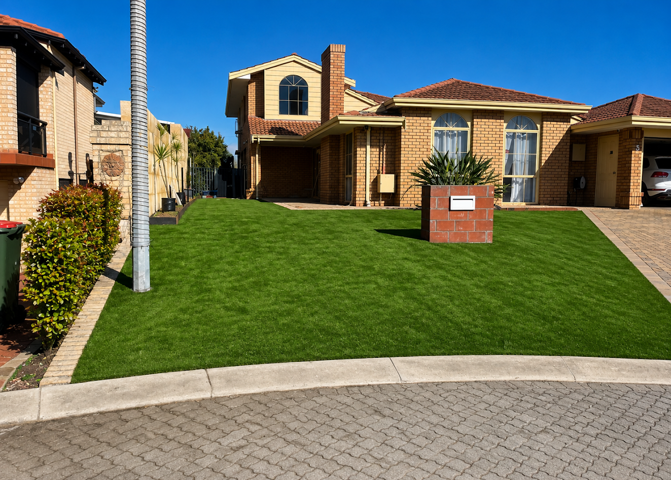 Manicured front lawn with curved paver driveway and brick planter