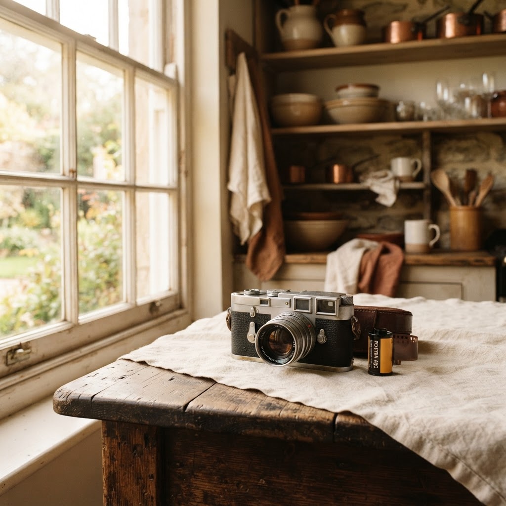 A camera on a farmhouse table with warm rustic background
