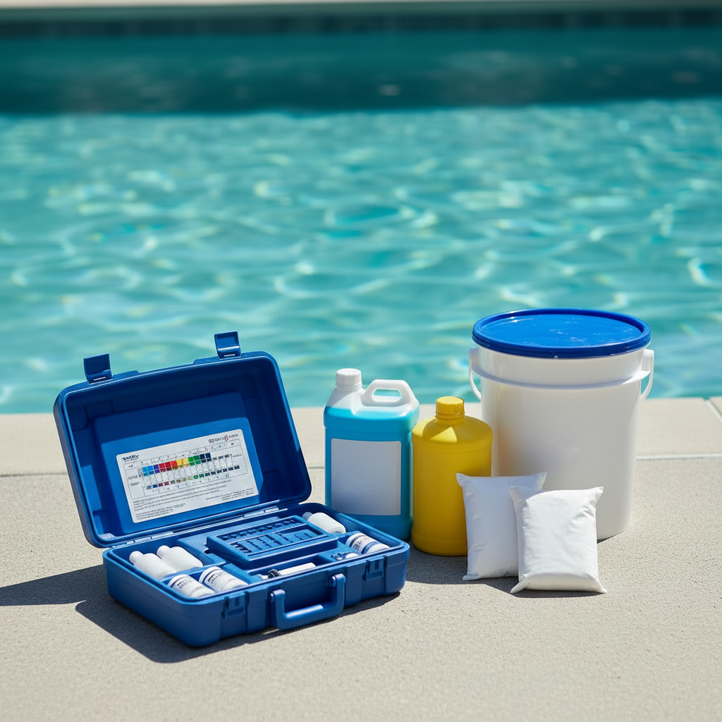 Pool maintenance chemicals and testing equipment