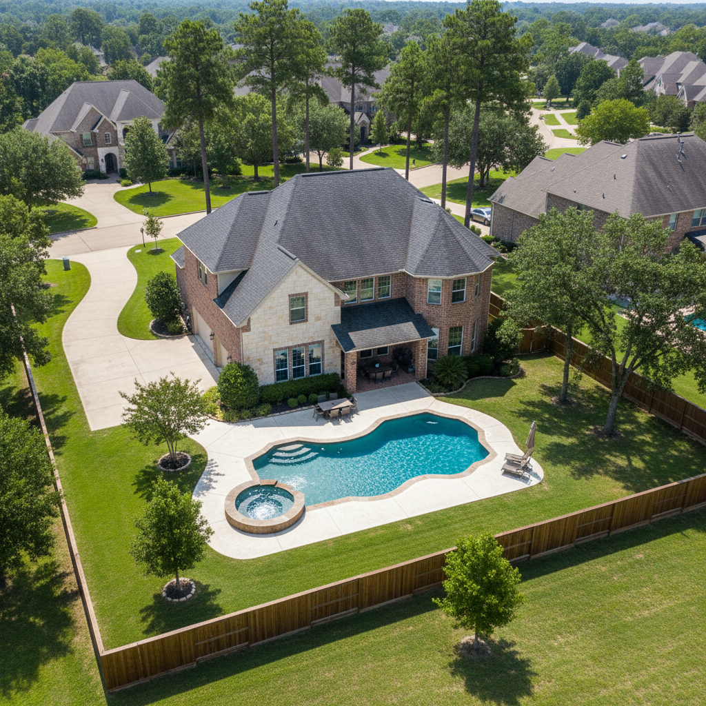 Aerial view of residential backyard pool