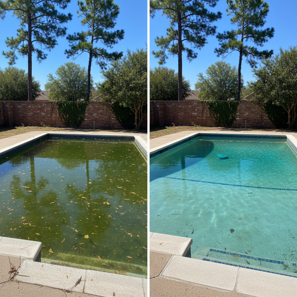 Green algae pool transformed to crystal clear blue water