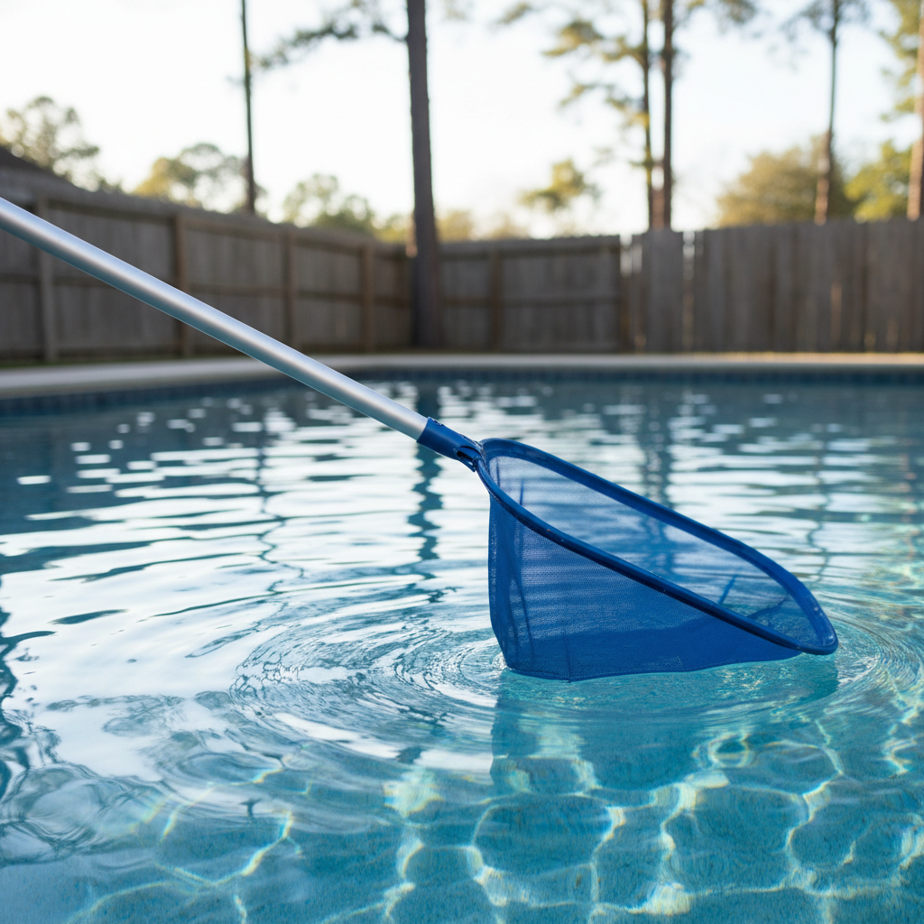 Blue oval pool skimmer net on aluminum pole