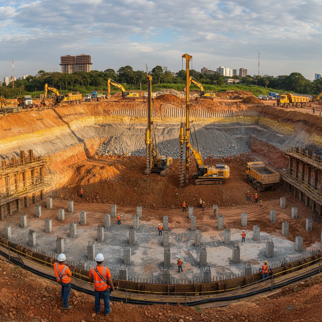 Canteiro de obras com equipamentos de sondagem