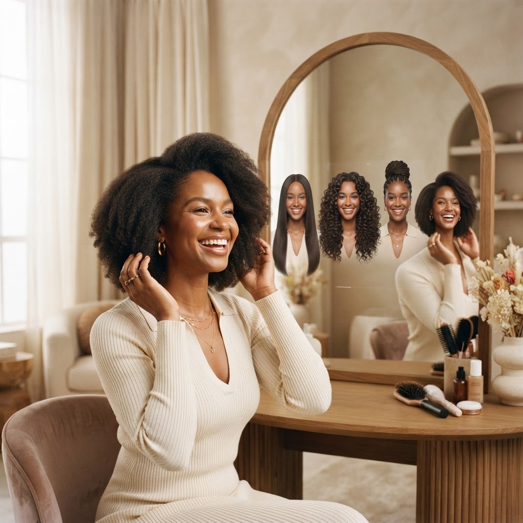 Beautiful Black woman visualizing her luxury hair look in the preview studio