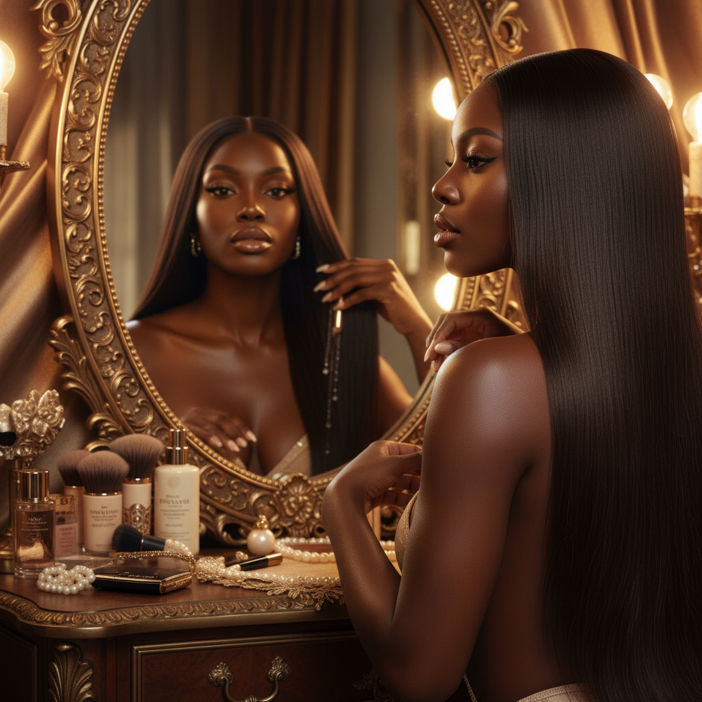 Beautiful Black woman looking into a vanity mirror, self-reflective and radiant