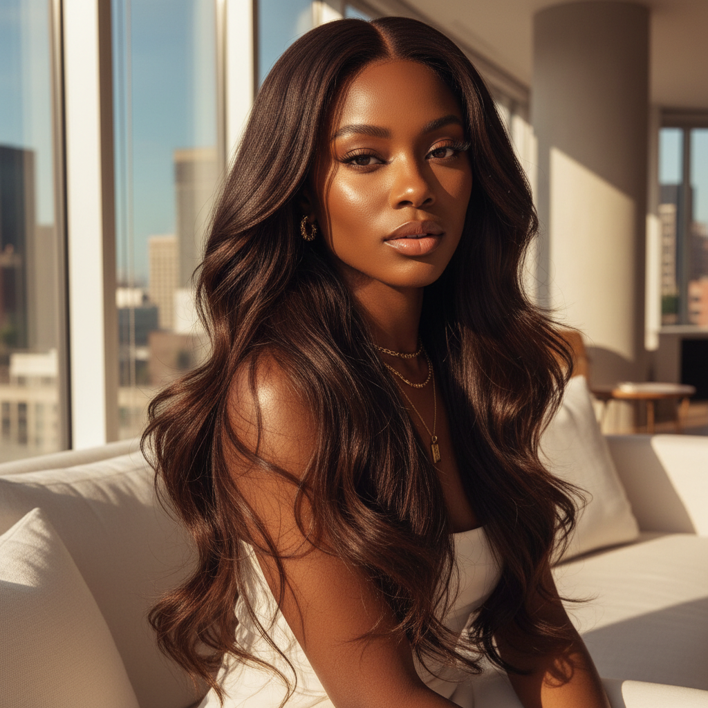 Black woman with Vietnamese loose wave luxury hair, sunlit and radiant