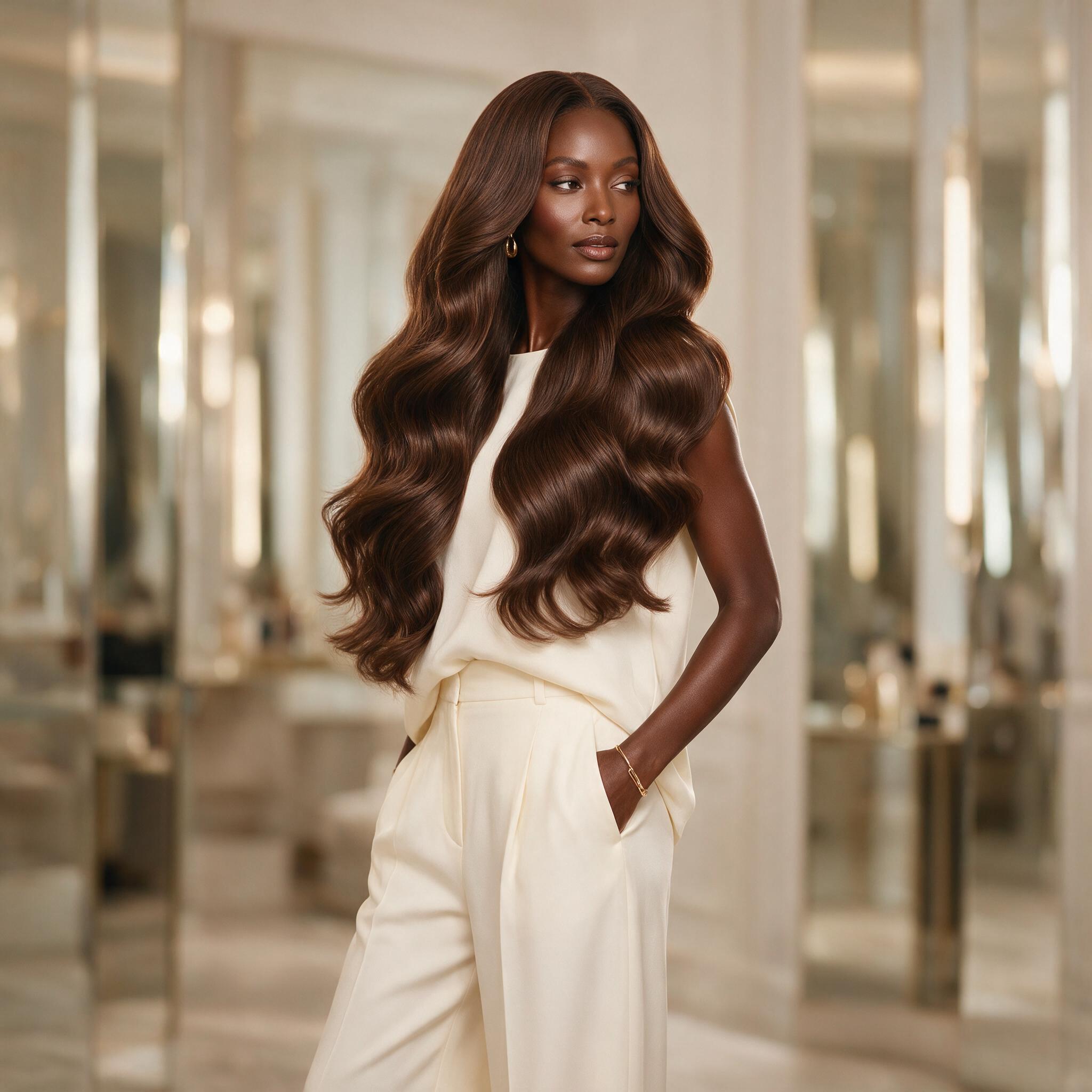 Beautiful Black woman with luxury raw hair extensions, confident and poised