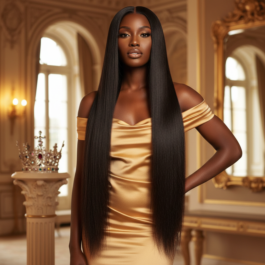 Black woman with Vietnamese straight luxury hair, sleek and elegant