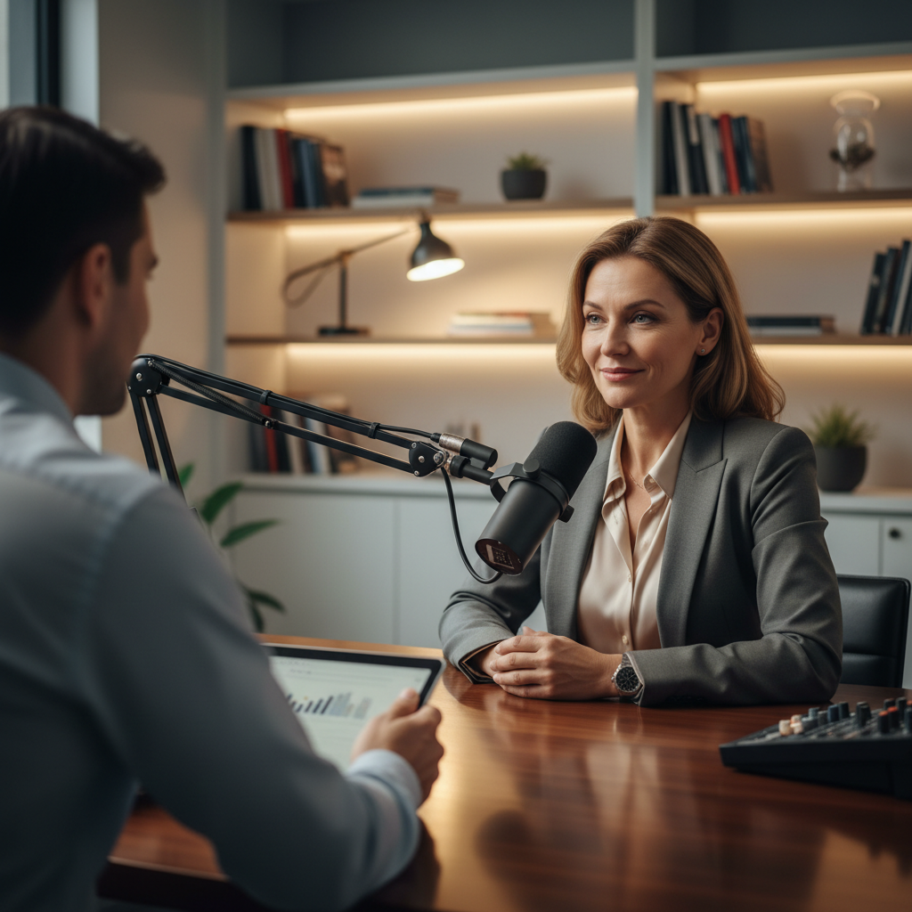 Business professional being interviewed on a podcast