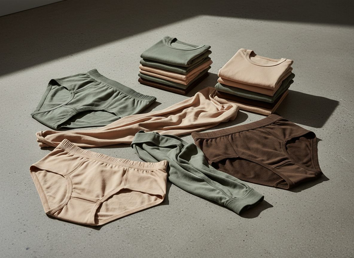 Artfully arranged premium innerwear on raw concrete with soft natural light