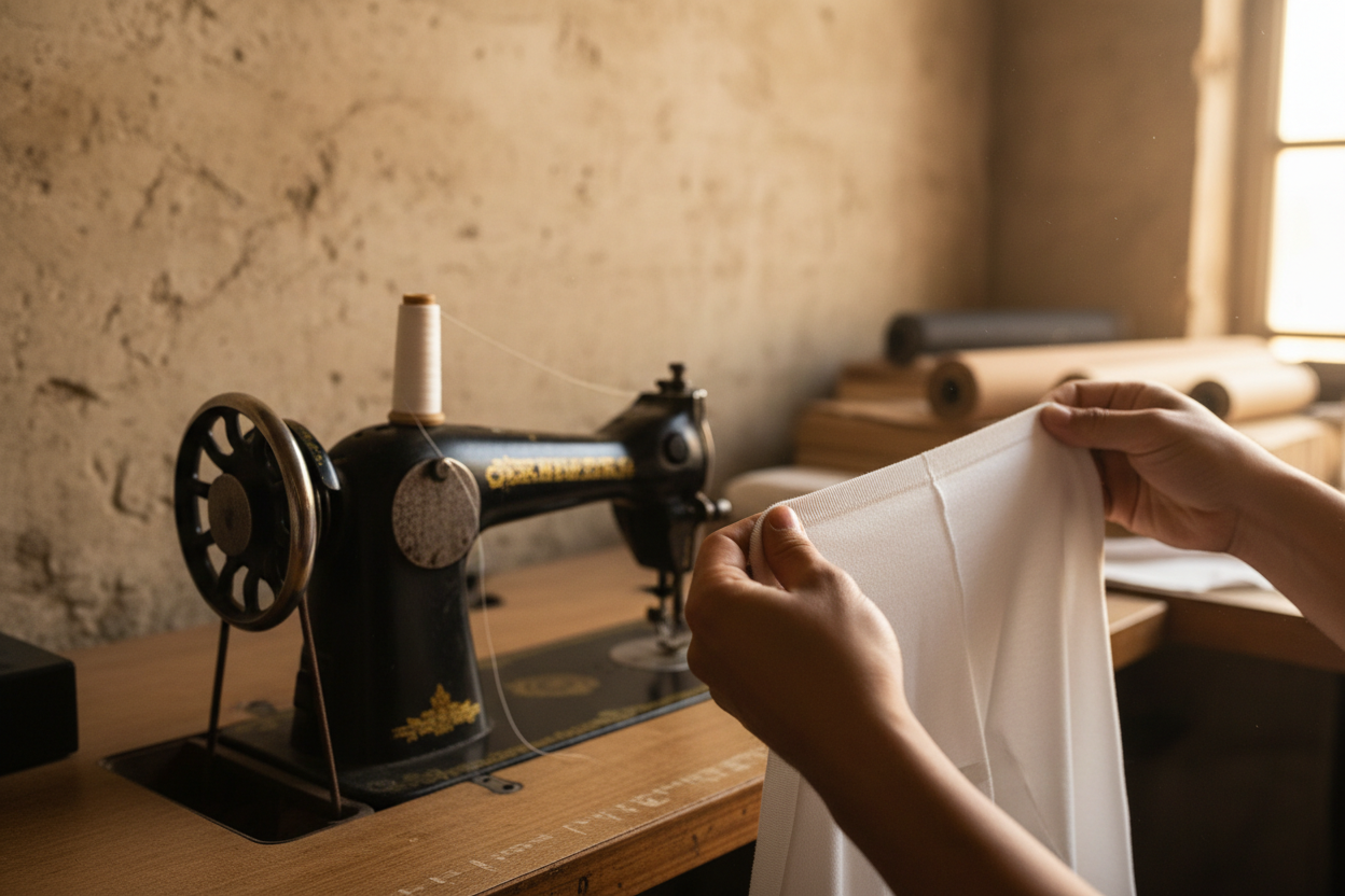 Skilled hands carefully inspecting premium cotton fabric quality in a well-lit atelier